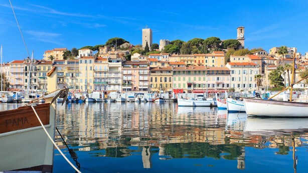 A marina with boats docked, a wooden pier, and a cityscape with buildings and a tower in the background.