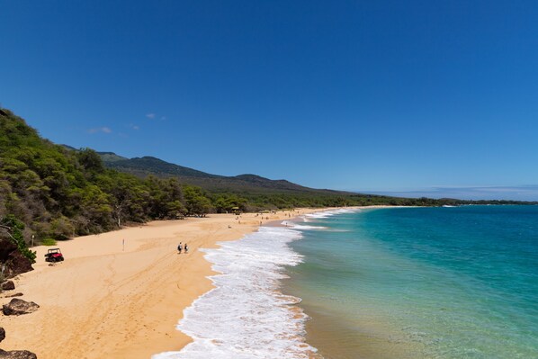 A beach with clear turquoise waters, a sandy shore, and a mountainous backdrop.
