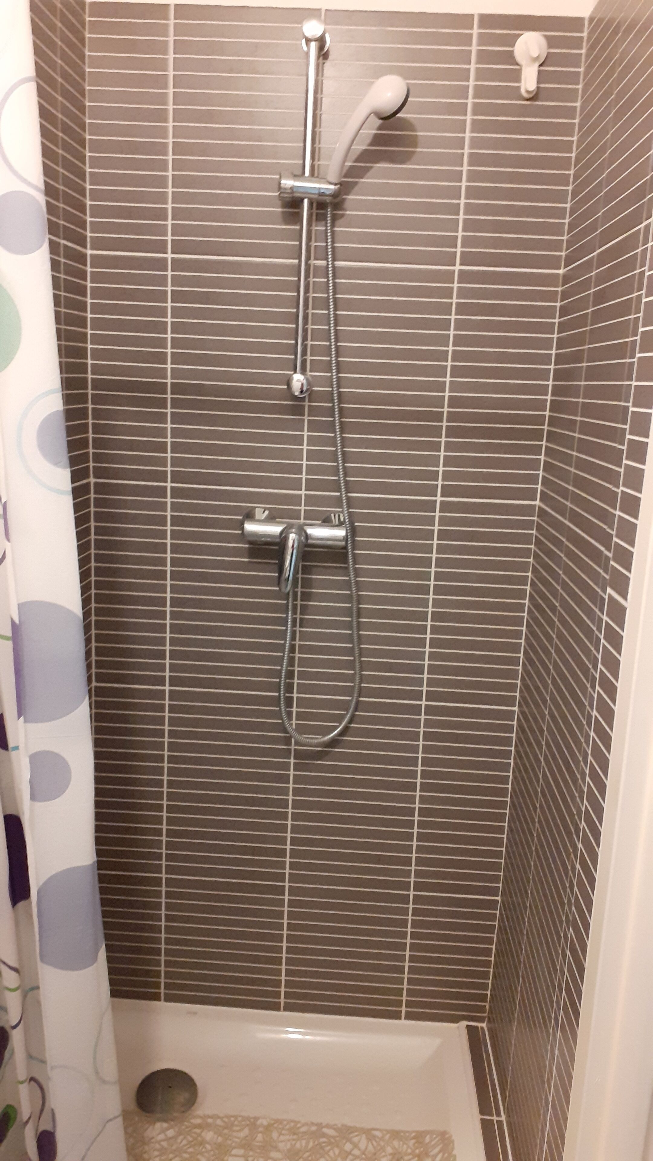 Bathtub, hair dryer, towels, toilet paper