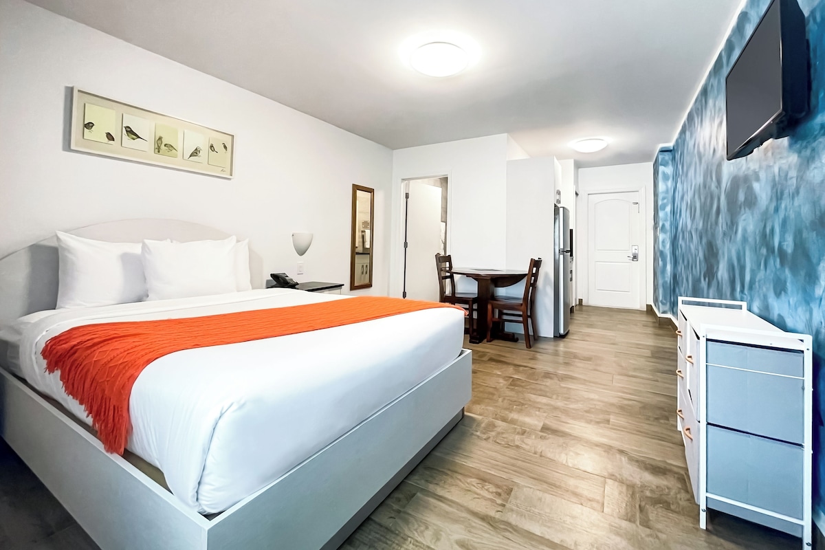 Una habitación de hotel con una cama, un escritorio, una silla, un televisor y un armario.