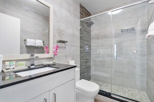 Suite Deluxe | Baño | Ducha, artículos de higiene personal de diseño y secador de pelo