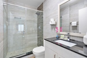 A modern bathroom with a glass-enclosed shower, a white toilet, a black countertop, and a large mirror.