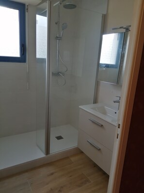 Shower, hair dryer, toilet paper
