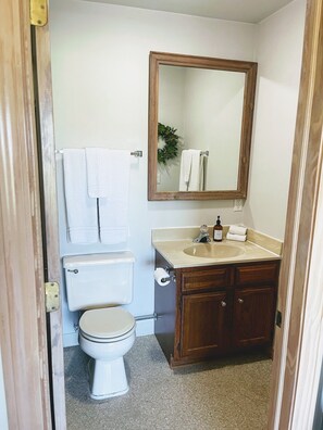 Combined shower/bathtub, hair dryer, towels, soap