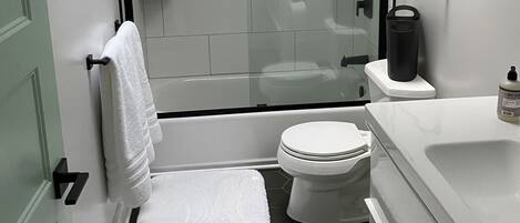 Combined shower/tub, hair dryer, towels