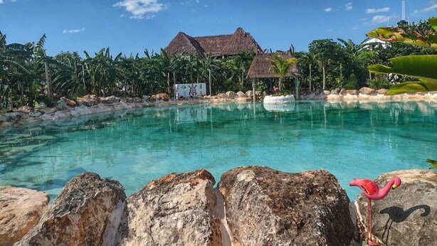 A tropical resort with a clear pool, thatched-roof structures, and lush greenery.