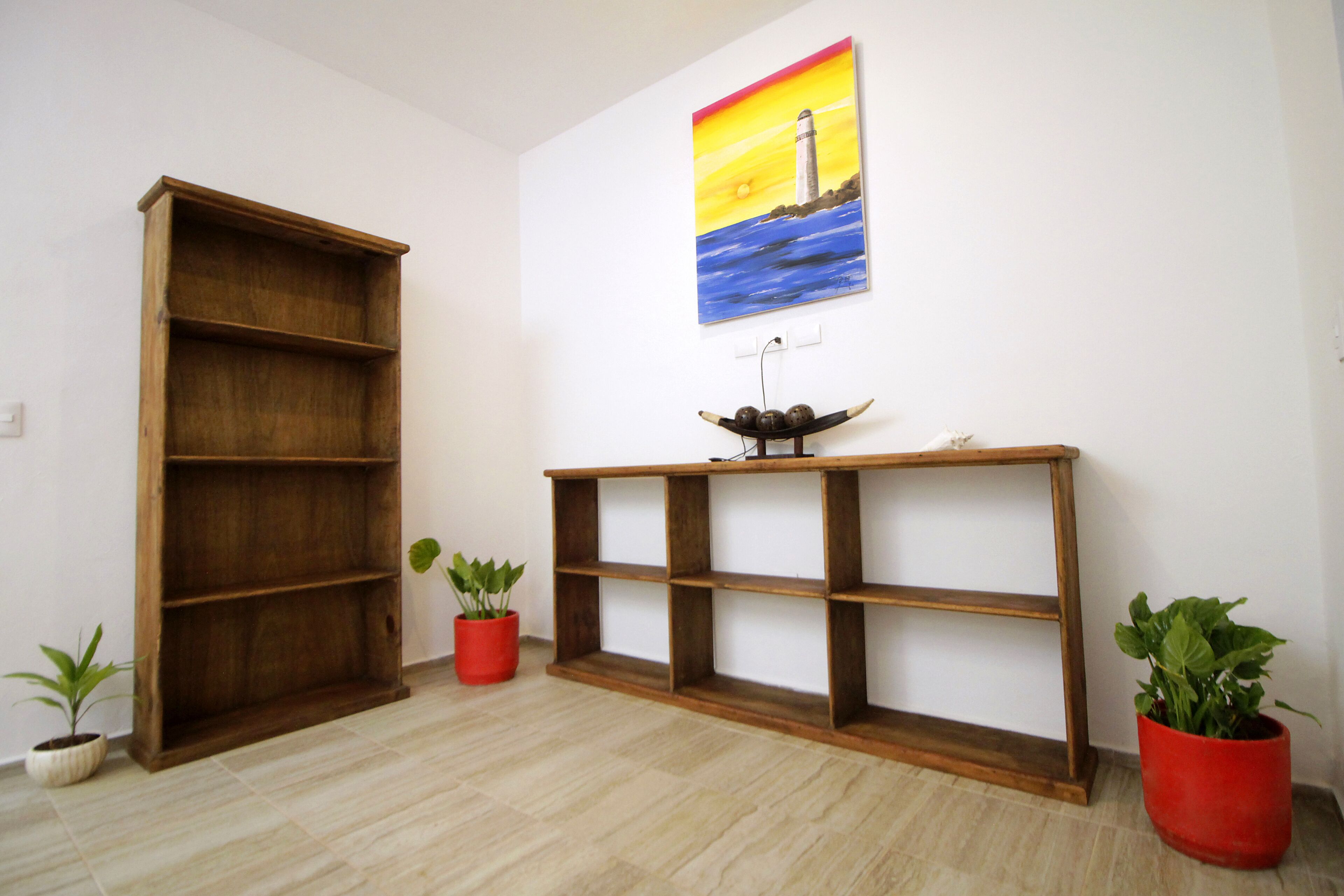 A room with a wooden bookshelf, a wooden console table, and two potted plants.