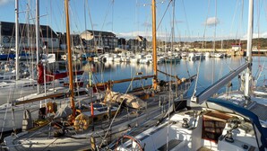 Un port de plaisance où sont amarrés de nombreux bateaux, avec leurs mâts et leur gréement bien visibles.