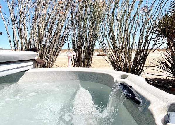A hot tub with a clear view of a desert landscape and tall cacti in the background.