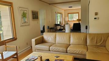 Smart-TV, peis, DVD-spiller og bøker