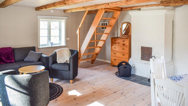 Ein gemütliches Wohnzimmer mit Holzboden, einer Couch, einem Sessel, einer hölzernen Kommode und einer Leiter zu einer oberen Ebene.