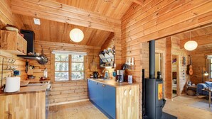 L’intérieur d’une cabane est habillé de bois, avec un îlot central comprenant un évier, une cuisinière et une fenêtre donnant sur une forêt.
