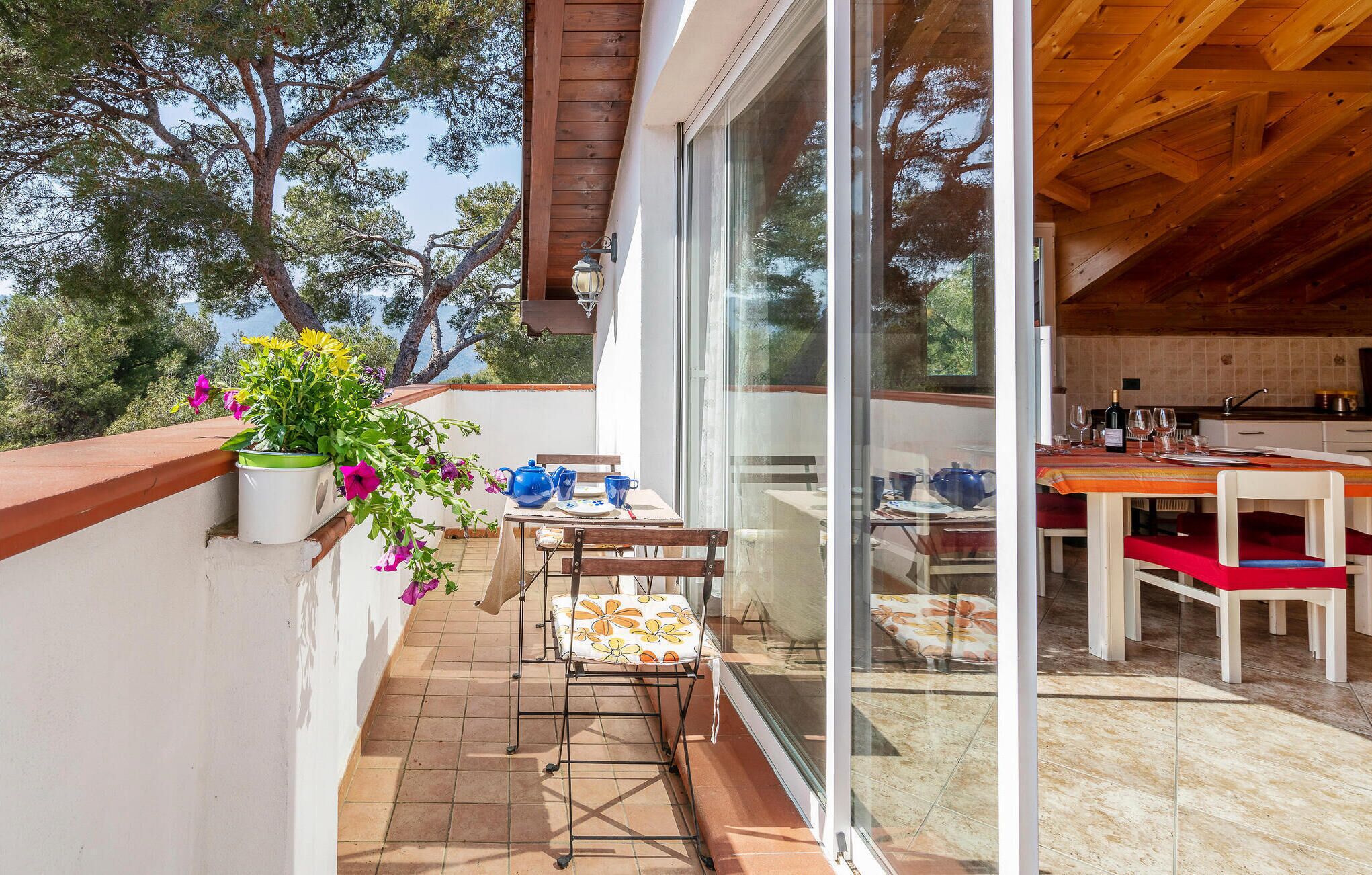 A balcony with a table set for dining, a potted plant, and a view of the surrounding trees.
