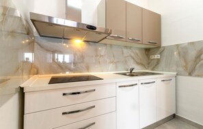 Een koelkast, een oven, een kookplaat, een vaatwasser
