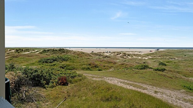 Un paisaje costero con una playa arenosa, dunas cubiertas de hierba y un cielo despejado.