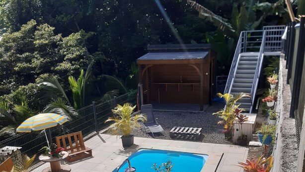 Une piscine entourée de plantes en pot, une terrasse en bois et un espace salon abrité.