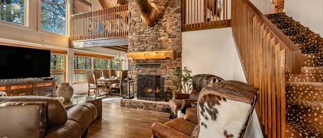 Smart TV, chimenea, libros, estéreo