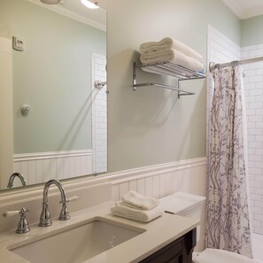 Room 7 with Private Bath | Bathroom | Shower, hair dryer, heated floors, towels - Bush House Inn (Index)
