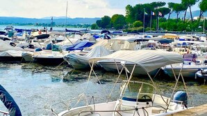Ein Yachthafen mit zahlreichen angestaubten Booten, umgeben von Bäumen und einer entfernten Bergkette.