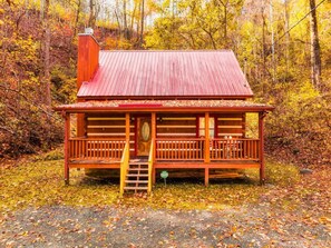 Een rustieke hut met een rood dak en houten wanden, omringd door herfstkleurige bladeren.