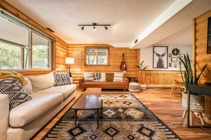 TV connectée, cheminée, livres