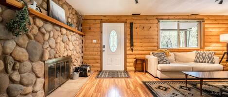 Smart TV, fireplace, books