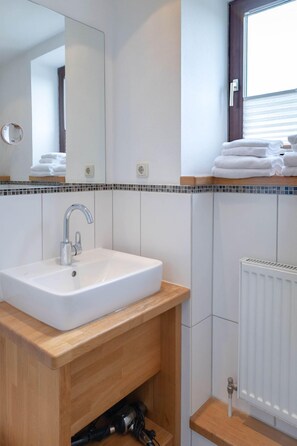 Shower, hair dryer, towels