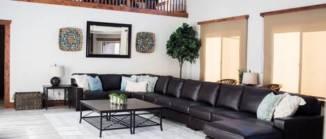 Smart TV, fireplace, foosball