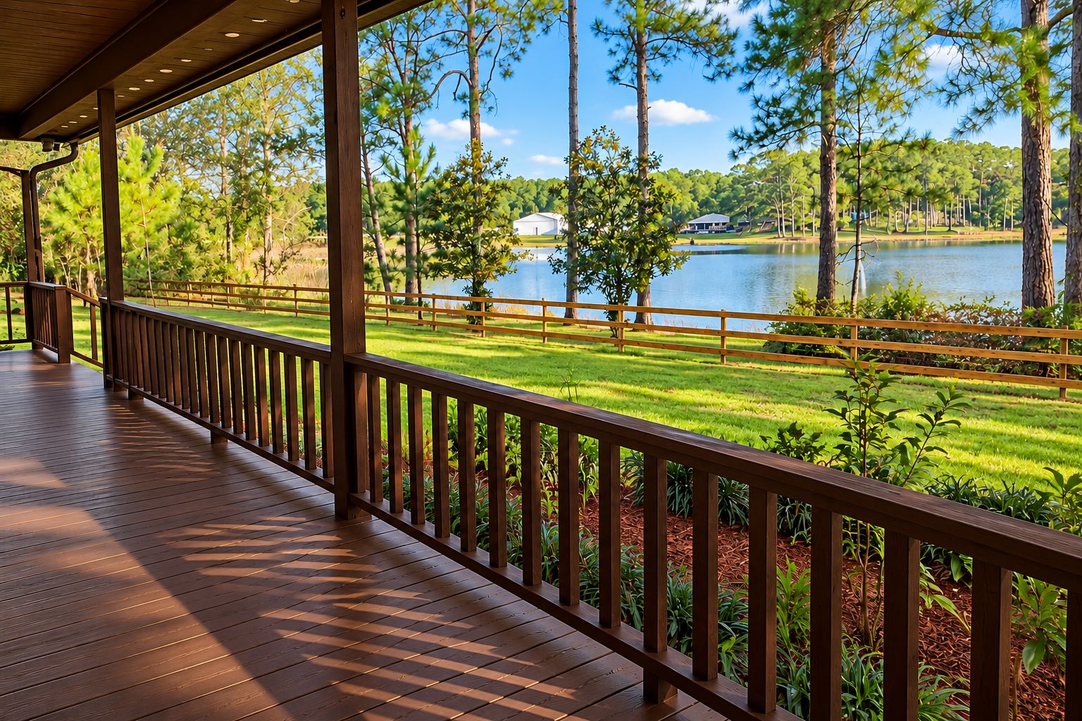 A covered outdoor deck with a view of a lake and trees.