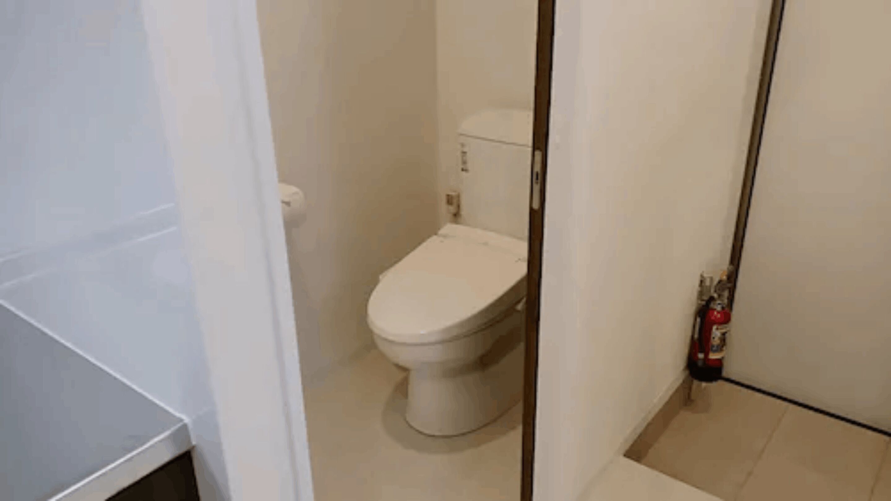 Une petite salle de bain compacte, équipée de toilettes, d’un lavabo blanc et d’un espace douche.
