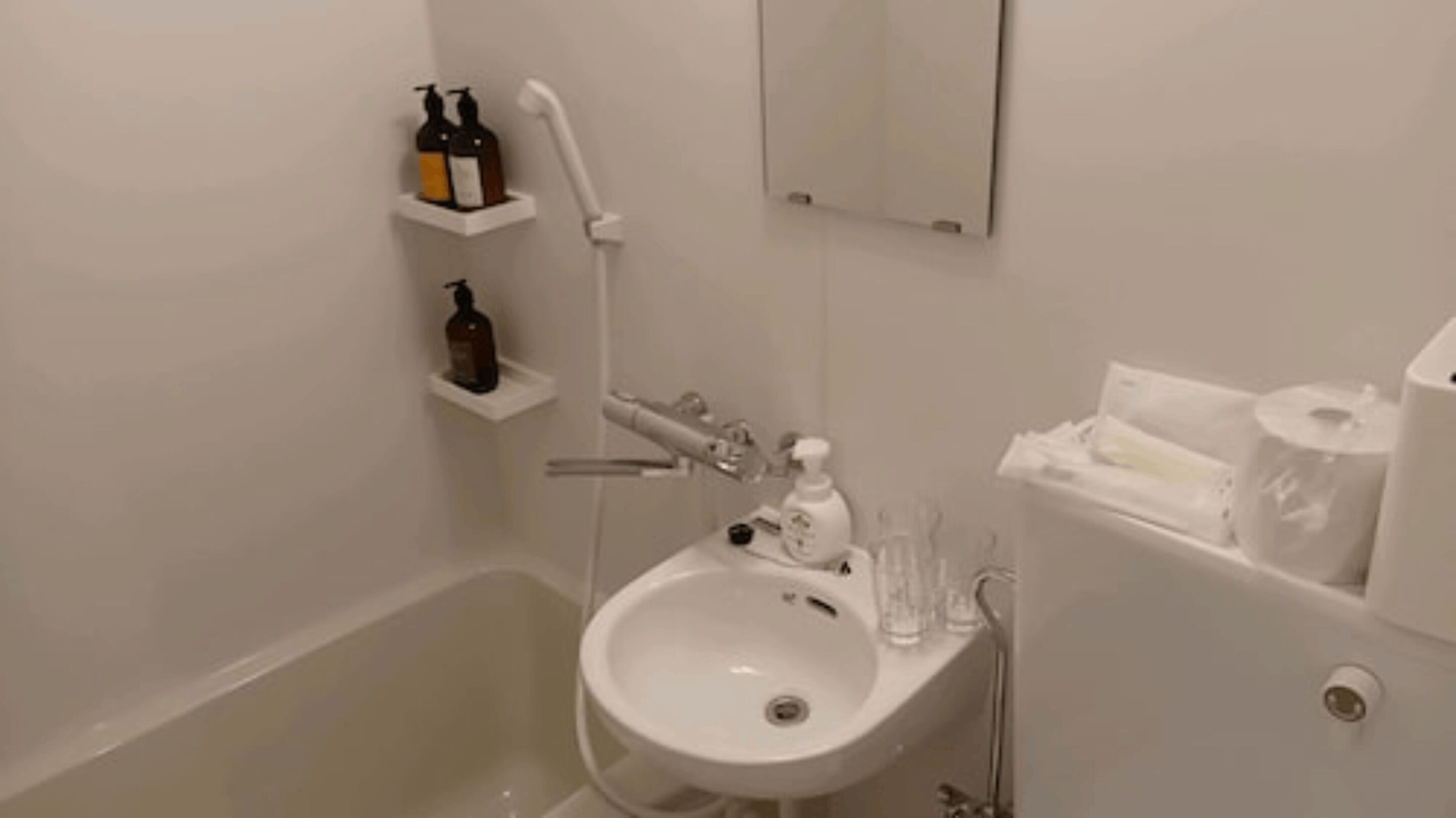 Un baño con lavamanos, espejo y estantes con artículos de aseo.