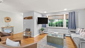 Una Smart TV, una chimenea, libros