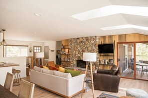 Smart TV, fireplace, books, music library