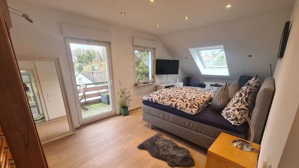 Une chambre moderne avec un grand lit, une télévision, un bureau et un balcon.