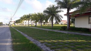 A residential street lined with palm trees and a grassy median. - Bright Apartment at Punta Cana Wifi-ac-elect-iron-parking (Punta Cana)