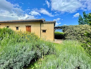 A rustic building with a tiled roof, a wooden door, and a small window. - Spoleto Tranquilita Sleeps 20 With Wifi Pool Yoga Studio Gardens and Views (Spoleto)