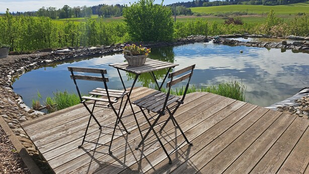 A wooden deck with a table and chairs overlooking a pond with a stone border and a basket of flowers. - Vacation apartment on the Haldershof ground floor (Wangen im Allgäu)