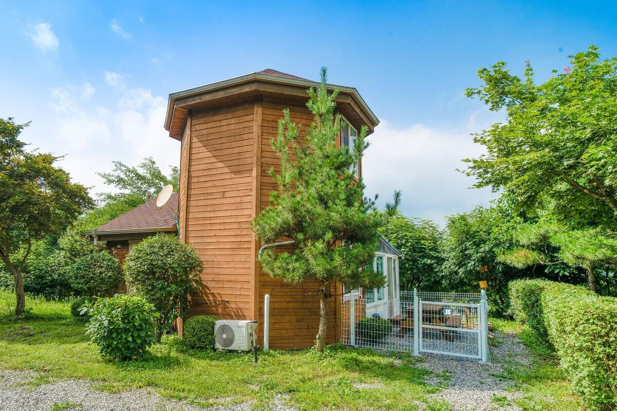 Eine Holzhütte mit einer kleinen Veranda, umgeben von üppigem Grün und einem Kiesweg.