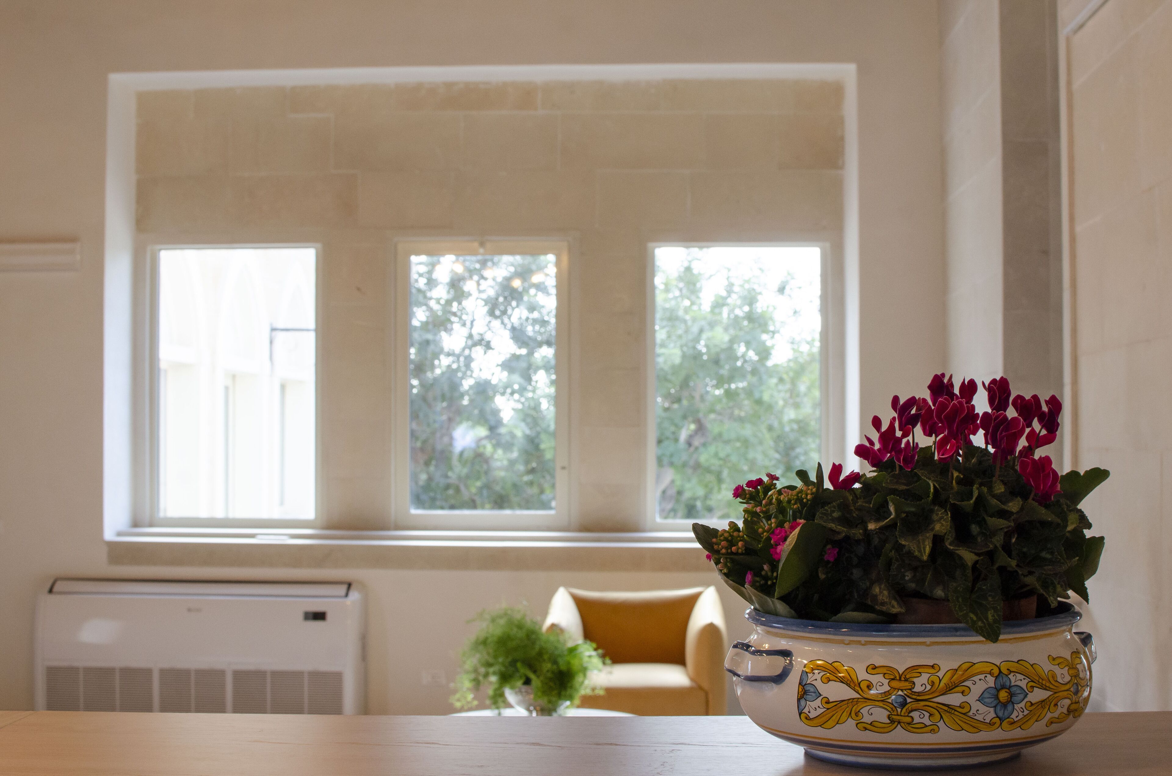 Une pièce avec une grande fenêtre, une plante en pot posée sur une table et un radiateur.