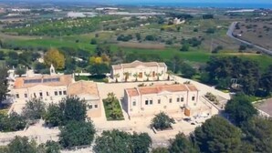 An aerial view of a large estate with multiple buildings, surrounded by greenery and fields.