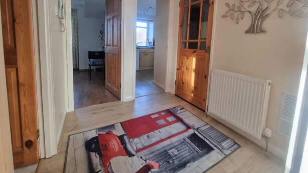 A hallway with wooden doors, a radiator, and a patterned rug.