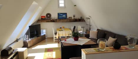 Smart-tv, dvd-afspiller, bøger, musikbibliotek