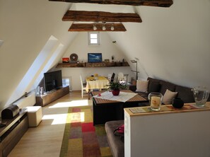 Smart-tv, dvd-afspiller, bøger, musikbibliotek