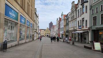 Combined shower/tub, hair dryer, towels, soap
