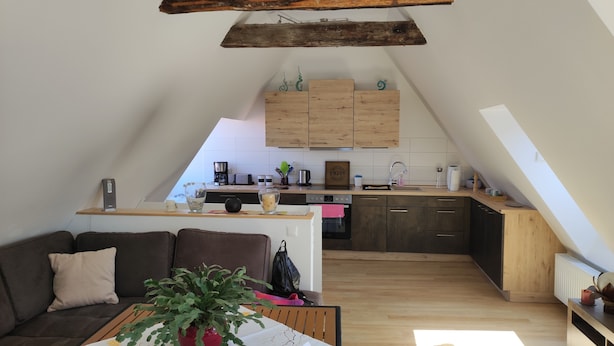 A cozy loft apartment with a kitchen, living area, and a large skylight.