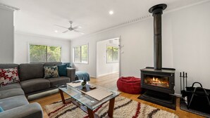 A modern living room with a glass coffee table, a sofa with patterned cushions, a red bean bag, a black wood-burning stove, and a ceiling fan. - Alpine View Cottage - Close to town (Bright)