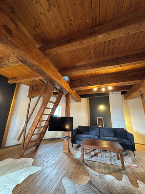 Una Smart TV, una chimenea, una biblioteca de música