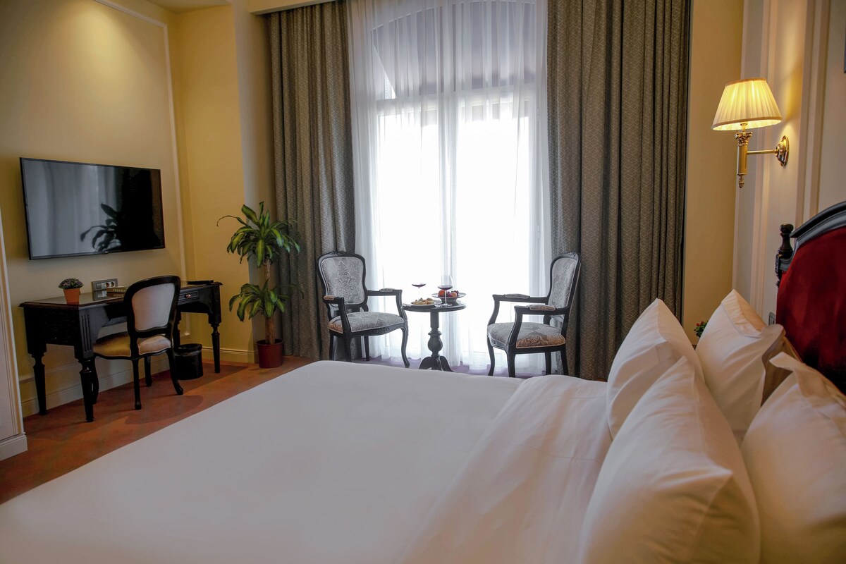 Habitación de hotel con una cama grande, un escritorio con televisor, dos sillones, una mesita con planta y una ventana con cortinas.