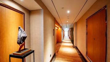 A hotel hallway with wooden doors and a carpeted floor.