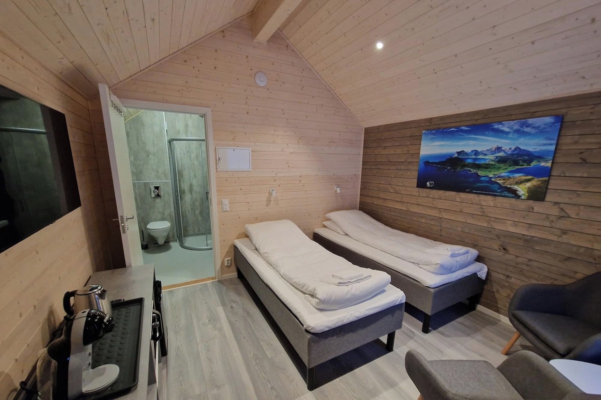 Ein Standardzimmer mit zwei Betten, einer Dusche, einem Schreibtisch mit Telefon und einem Bild an der Wand.